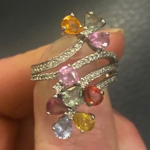 14k white gold multicolored sapphire flower bypass ring with diamond